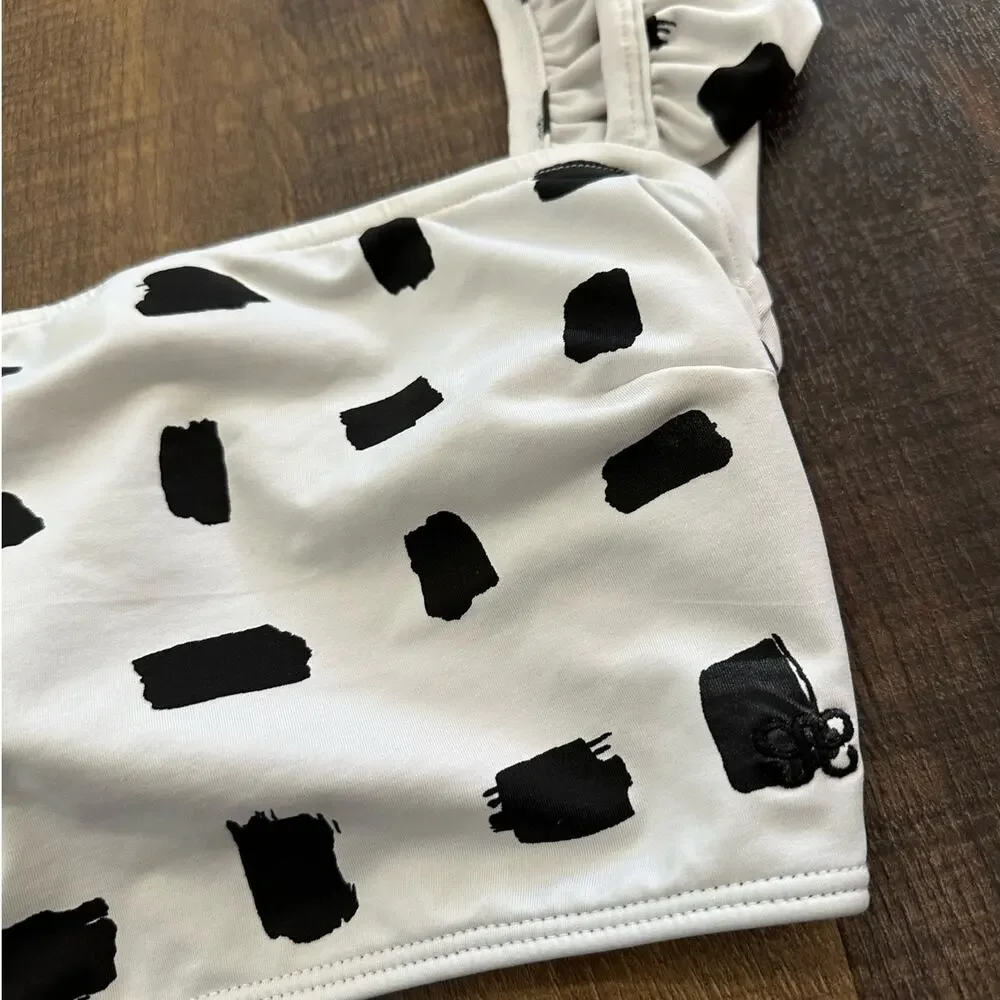 Albion Fit Black White Ruffle Strap Bikini Top Polka Dot Swim Top Size Small - Picture 3 of 9